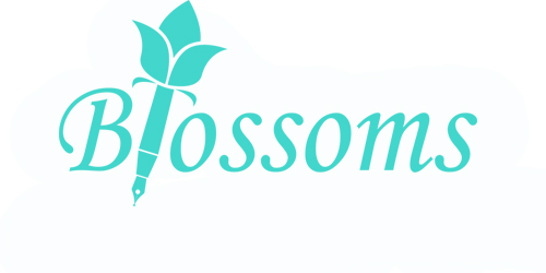 Blossoms Writing wordmark: a fountain pen nib drawn as a flower stem